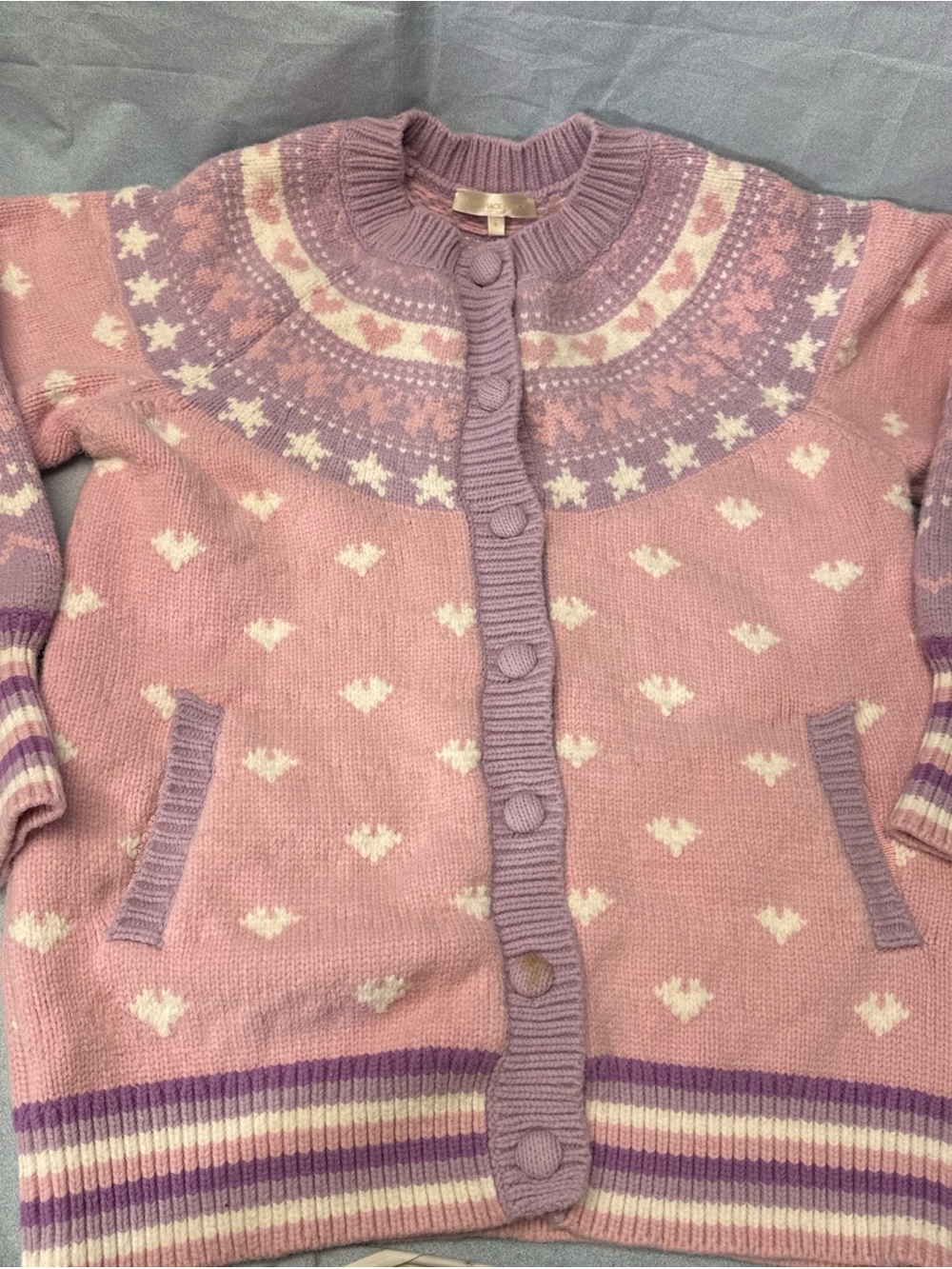 LoveShackFancy Pink and Lavender Fair Isle Cardigan